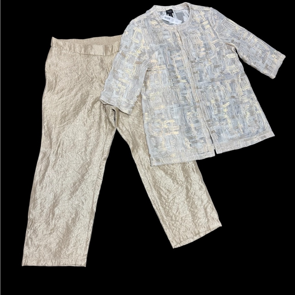 Chico's Metallic Gold Cream Travelers Pant Mesh Jacket Set Mother of the Bride - Picture 2 of 16